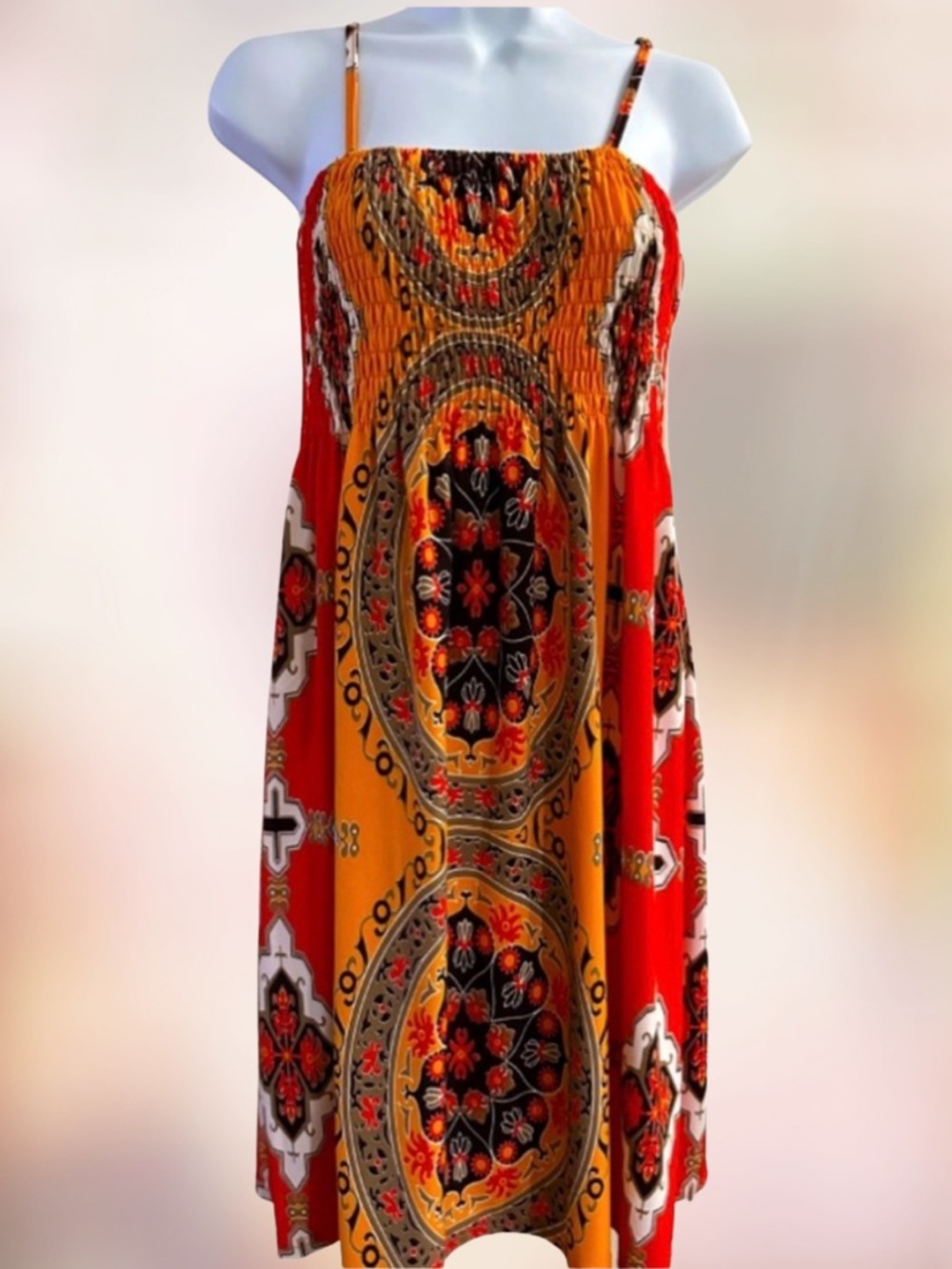 INDIA BOUTIQUE SUNDRESS Smocked Elastic Top Boho Dress Orange Red Women’s OSFM
